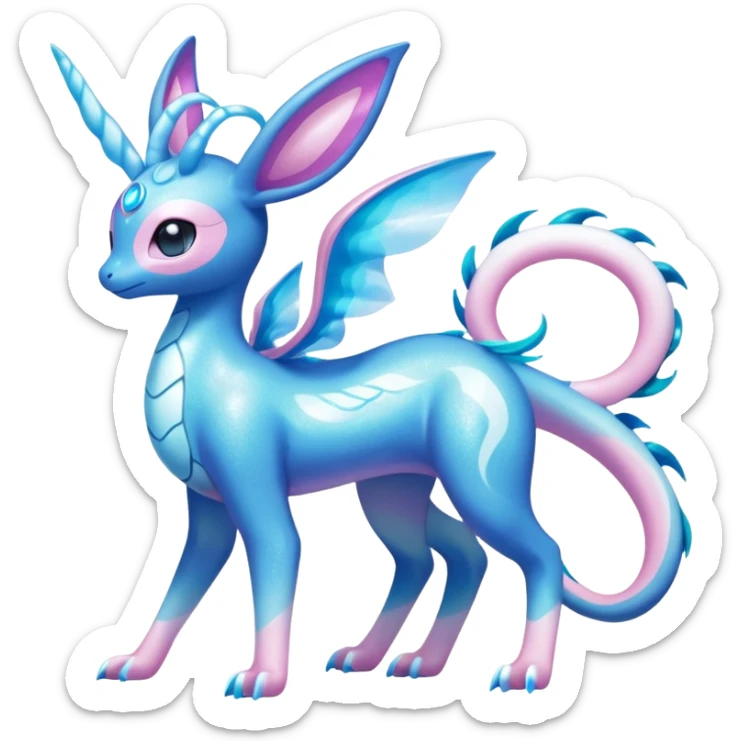 Shiny Sparkly Iridescent Bioluminescent Glowing Lumineon-Amaura-Dragonair-Sylveon-Fakémon-hybrid-creature (full body)  sticker