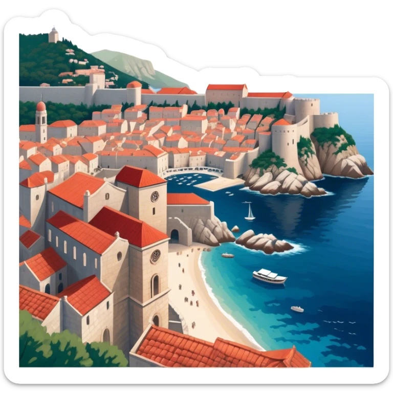 Cinematic Realistic aerial view of the historic city of Dubrovnik, showcasing its iconic red-roofed architecture, fortified walls, and sparkling Adriatic coastline, rendered with rich textures and warm Mediterranean lighting that captures its old-world charm. sticker