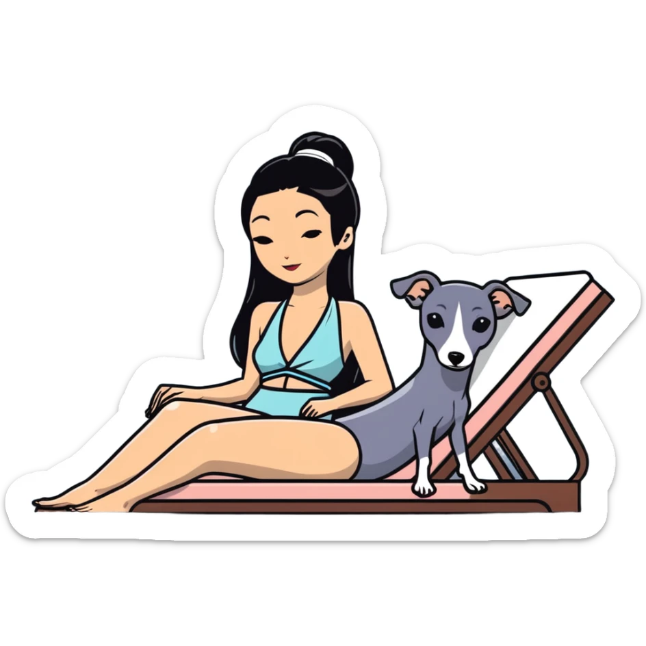 Very thin and slim Chinese woman with long black hair in elegant pool attire relaxing on a comfortable spa lounger at a luxury spa pool with her Italian greyhound that is COMPLETELY solid dark grey with ABSOLUTELY ZERO white markings anywhere - 100% uniform dark grey color only - also relaxing on a lounger sticker