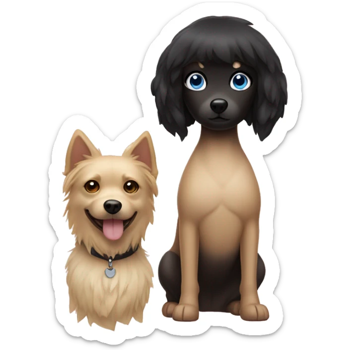 blonde girl with a bob and blue eyes next to a black Spitz dog with a beige chest sticker