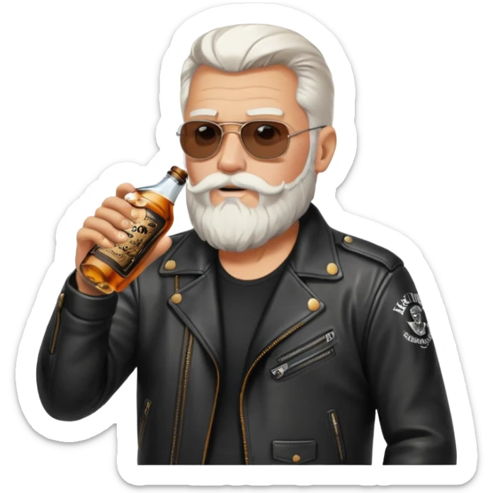 Un motero de barba blanca, chupa de cuero y bebiendo de una botella de Jack Daniel's. sticker