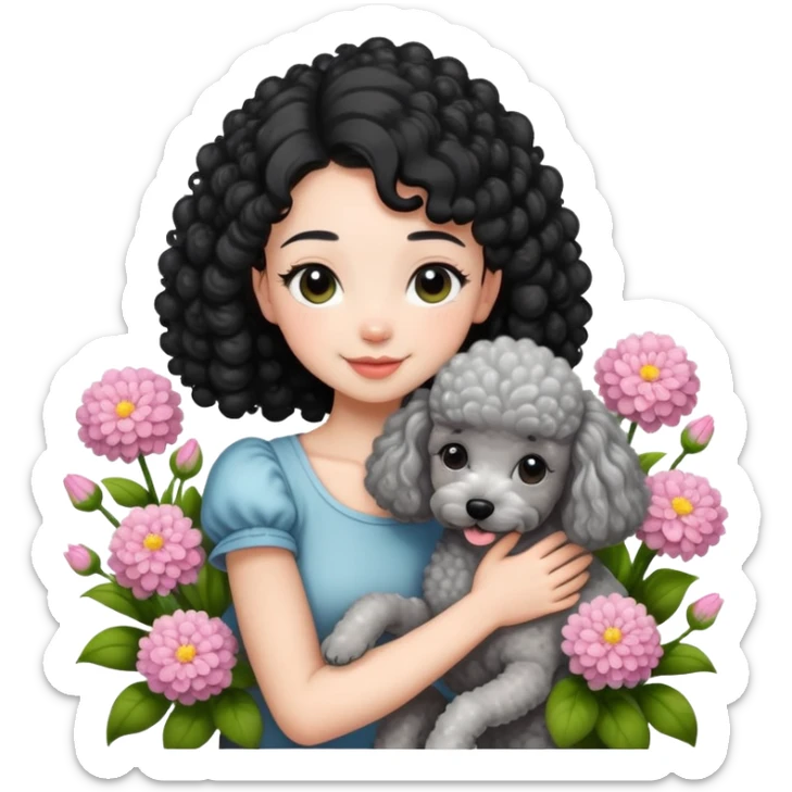 A beautiful girl with black ponytail and short sleeves happily hugs a gray curly poodle in the flowers sticker