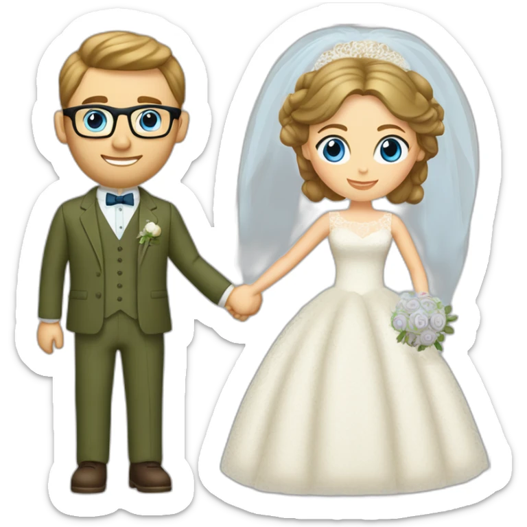 Wedding couple. Bride has brown hair pinned up. She wears lace dress. She has blue eyes. Groom has olive green suit and brown vest. He has blond hair. He wears glasses. He has blue eyes too. sticker