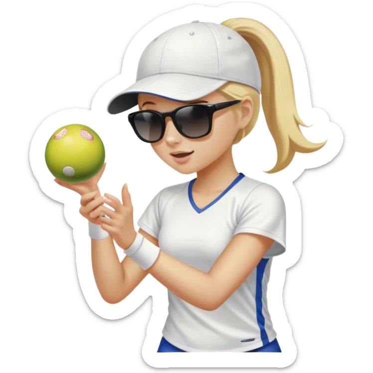 Girl with blond hair in a ponytail wearing a white baseball cap and sunglasses playing pickleball sticker