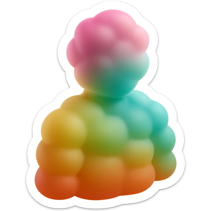 person made entirely of bright convex clouds of different colors, shoulder height, matte glass style, no background sticker