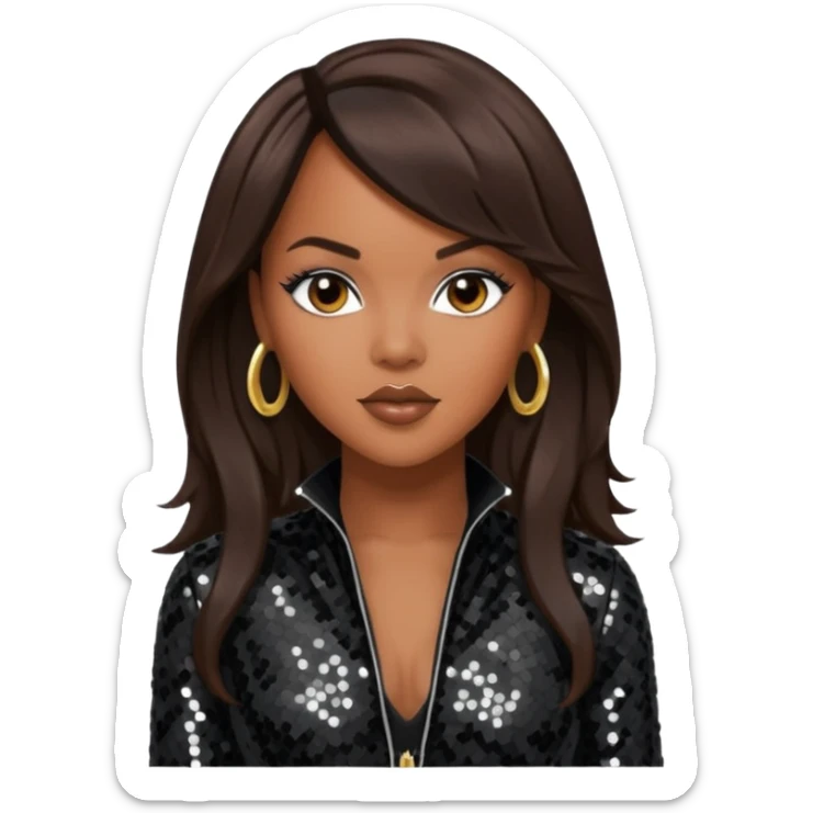 LeToya Luckett with long dark brown hair, black sequin tour outfit  sticker