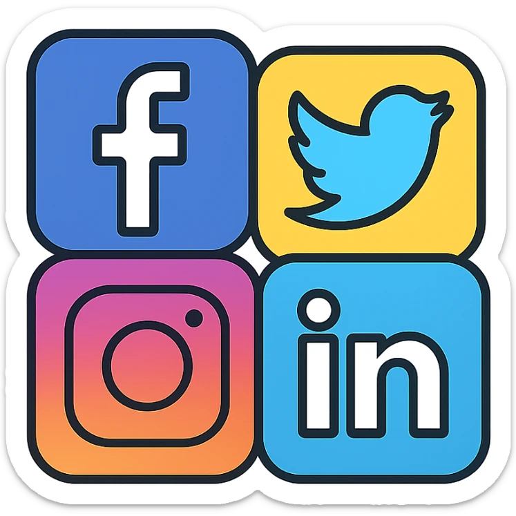 collection of popular social media logos Facebook Twitter Instagram LinkedIn arranged together in a unified icon, minimal color outline style sticker