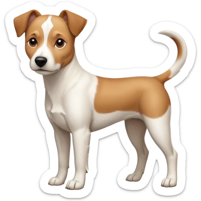 a full body facing front on of a buff white beagle cross jack russell terrier looking dog the size of a kelpie with light brown long ears resting on its face and a light brown patch above one eye and a large snout. the rest of the dog is completely white.  sticker