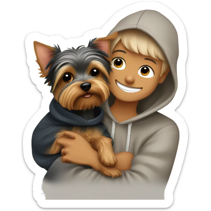 a cute Yorkie terrier boy, snuggling with his owner and the dog is in a hoodie ￼ sticker