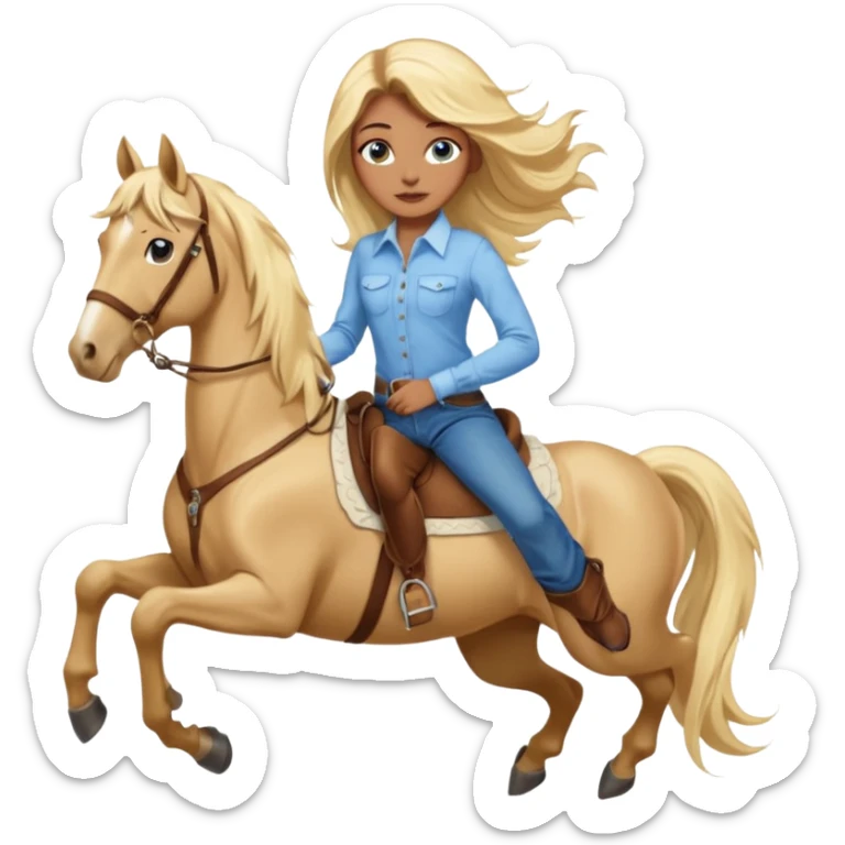 Brown girl with blue eyes and very, very long blonde/gold hair that’s blowing in the wind wearing a cream colored collared long sleeve shirt and jeans with brown boots on top of a brown horse, don’t show it’s legs  sticker