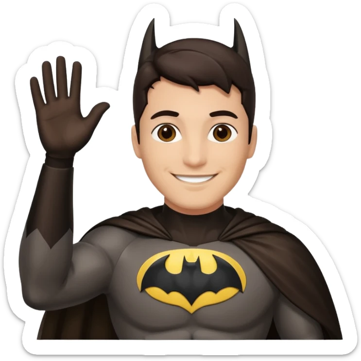 Make a man with brown eyes and dark hair in a Batman costume waving "hello" sticker