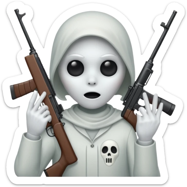 Fantasmas con un fusil y haciendo haciendo en en forma de V con los dedos sticker