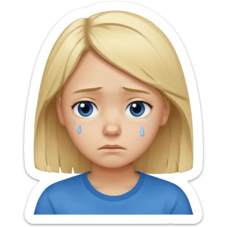 Young girl with blonde hair and a blue T-shirt, looking sad and discouraged sticker