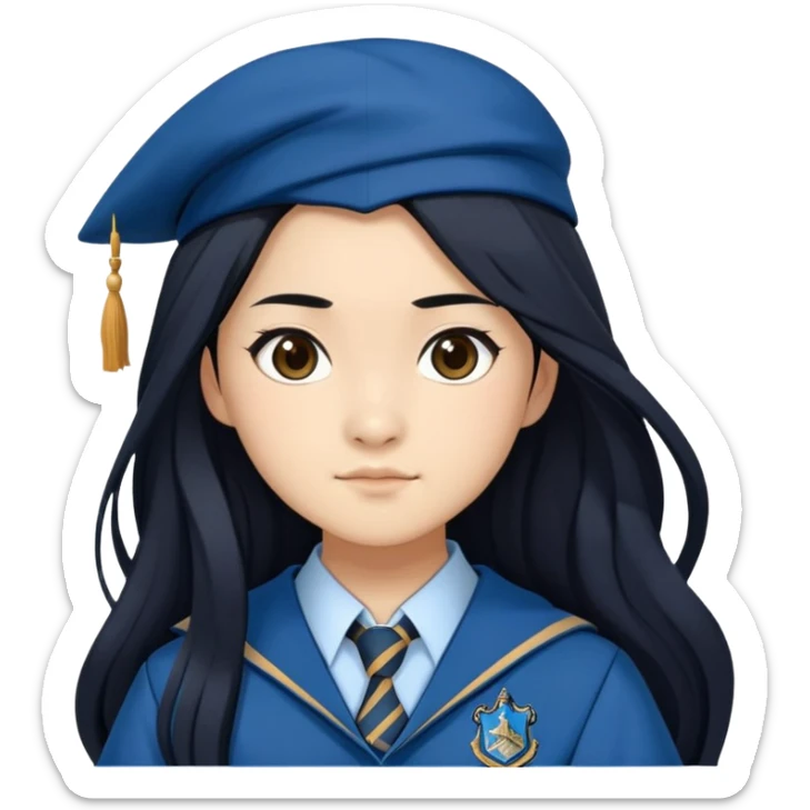 Cho Chang in harry potter, wear hogwarts Ravenclaw uniform, long black hair sticker