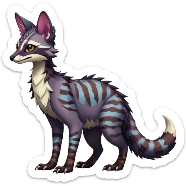 Feral Rare Fantasy dark colorful Vernid-Sergal-Genet-Trico-species by LiLaiRa, random markings, tufted tail, tufted ears, full body sticker