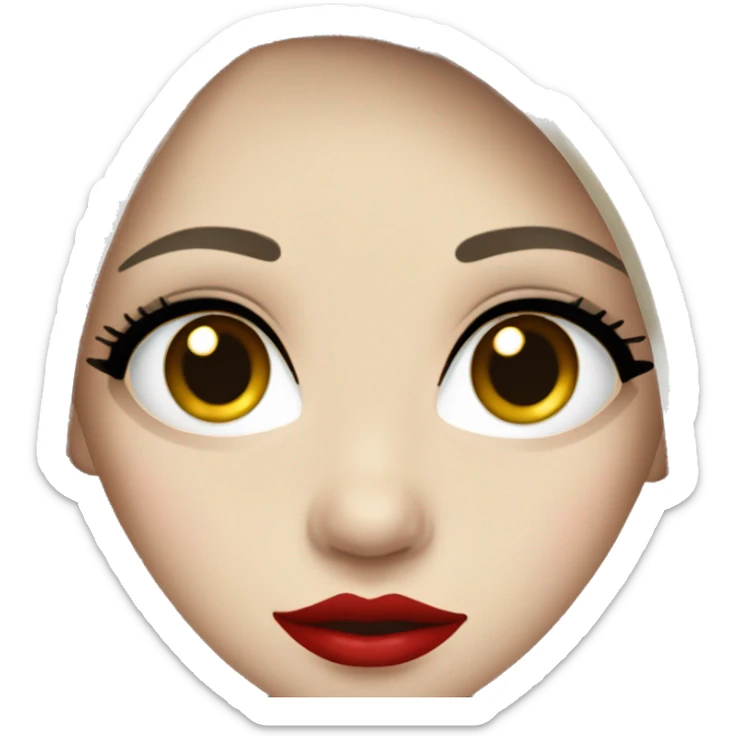 A girl with pale skin, long straight black hair, blue eyes with long eyelashes, red lips sticker