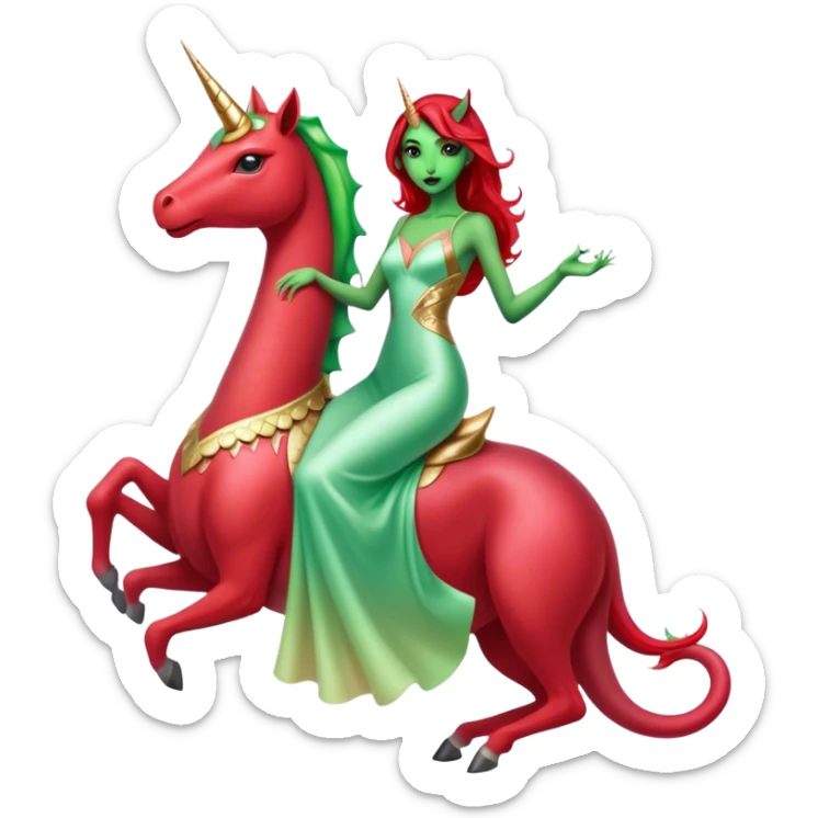 reptilian green alien woman, in long slim pastel red formal party satin dress with gradient shiny sparkling dark red, rides unicorn gold and white
 sticker