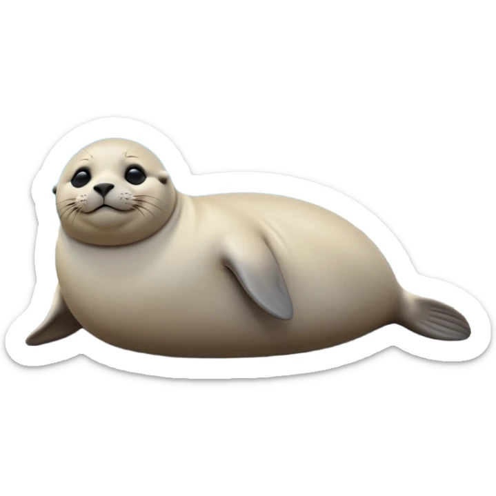 cinematic-seal-realistic-full-body-lounging-emoji,-plump-sleek-body-stretched-out-on-a-rocky-shoreline,-short-smooth-fur-glinting-in-the-sea-breeze,-flippers-tucked-comfortably-beneath-its-body,-large-dark-eyes-filled-with-playful-curiosity,-whiskered-muzzle-lifted-slightly-as-if-smiling,-simplified-yet-realistic-focused-features,-highly-detailed,-glowing-with-a-refreshing-marine-radiance sticker