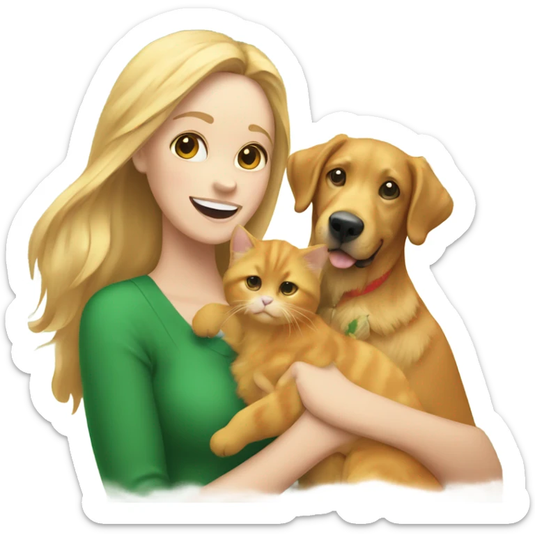 Women holding an orange cat and a golden retriever via a Christmas tree sticker