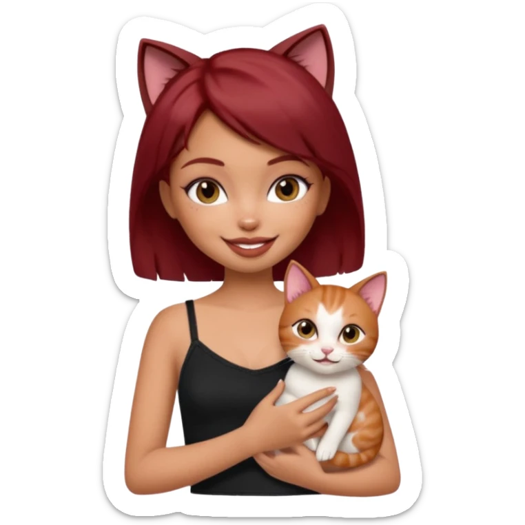 generate a pretty fair bratz girl with short dark red hair holding a cat smiling. Wearing a black cami sticker
