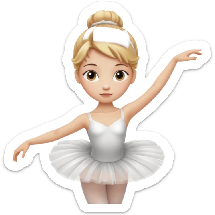 Cinematic Realistic Ballerina Portrait, depicted with lifelike skin texture, subtle rosy undertones, and soft natural lighting that enhances the gentle contours of her face. Her intricately detailed golden blonde hair is elegantly styled in an updo, sticker