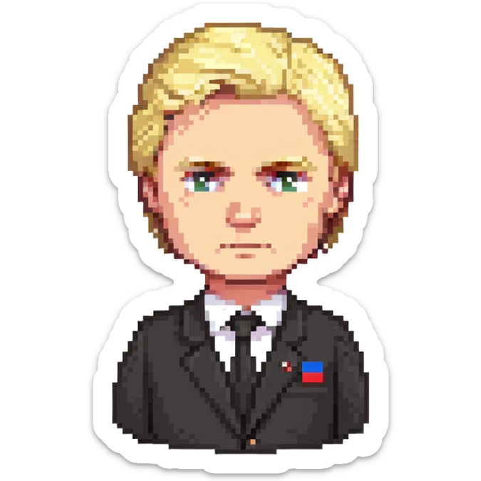 Russian politician with serious face, blonde hair, in dark suit sticker
