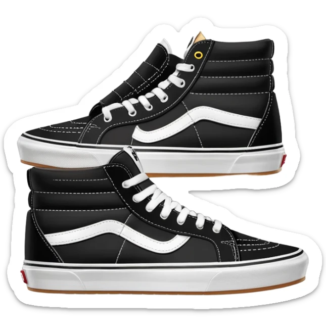 A pair of black Vans Sk8-Hi sneakers arranged with one shoe positioned behind the other, high-top skate shoes with white side stripe and waffle soles sticker