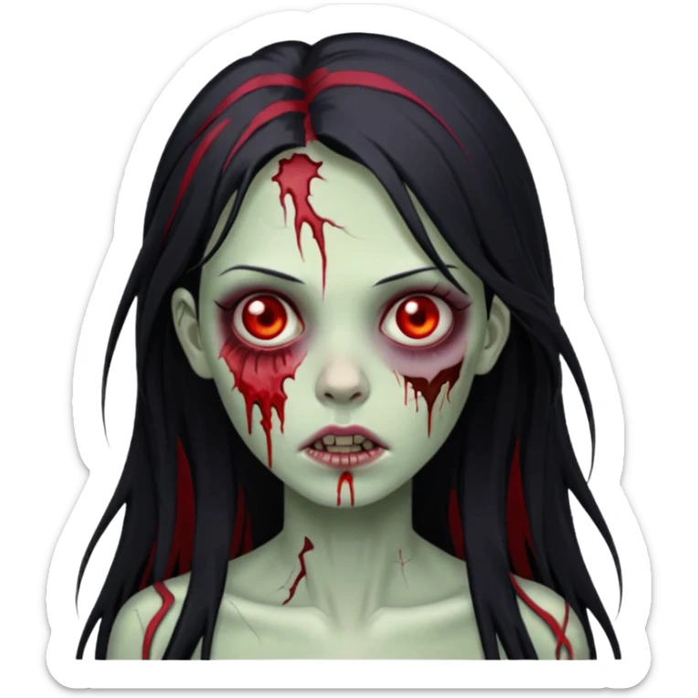 Garota zumbi cabelo longo preto, mechas vermelhas SOMENTE nas laterais, na frente da cabeça sticker