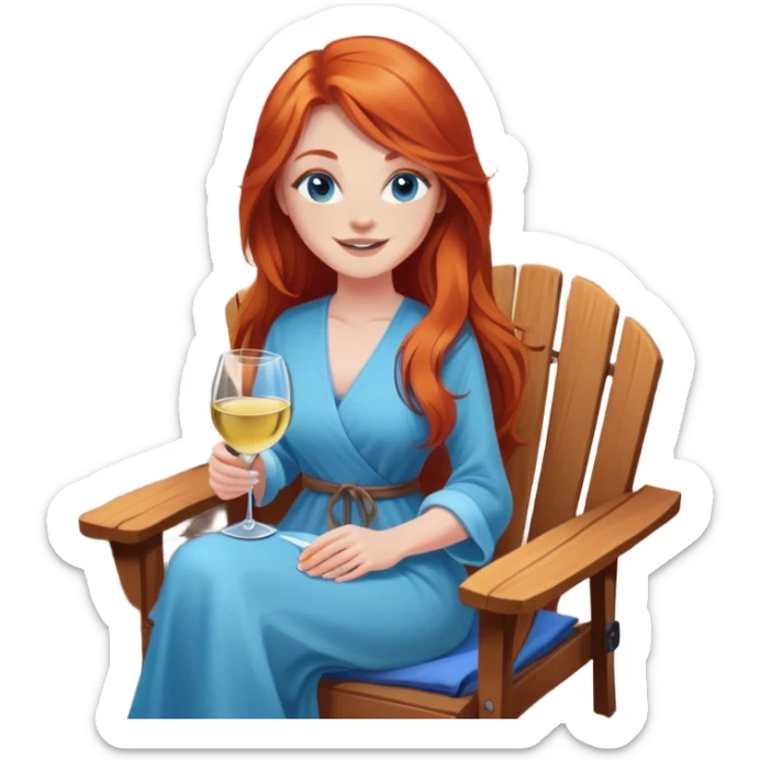 Happy redhead with long hair and blue eyes holding white wine sitting in chair fire pit sticker