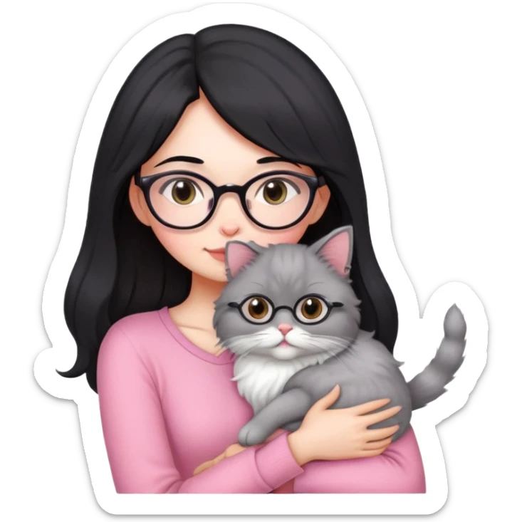 Beautiful skinny woman medium black hair with oval glasses in pink outfit hug persian-angora grey cat sticker