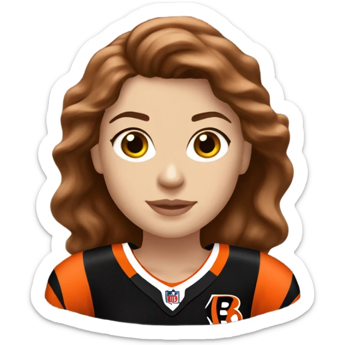 Caucasian ￼women with brown hair wearing a Cincinnati bengals jersey sticker