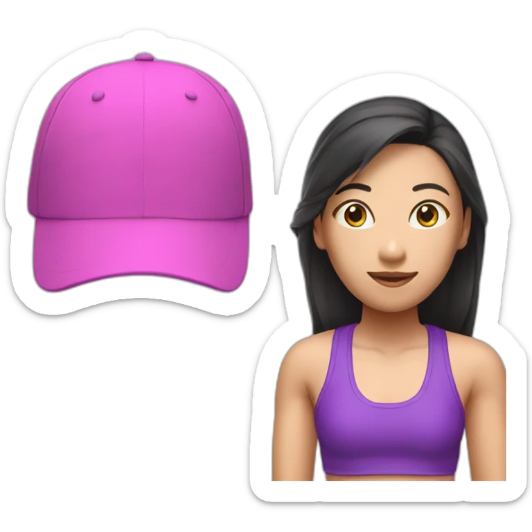 asian woman, green sports cap worn backwards, pink and purple singlet sticker