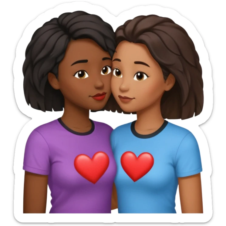 Black lesbian couple with one dark skin masculine with short haircut with a t shirt and one feminine with long hair in a blouse kissing sticker