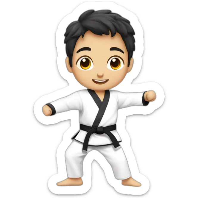un niño de 8 años trigueño practicando taekwondo solo cabeza sticker