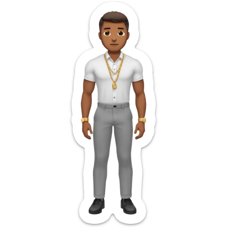 Handsome Black guy with brown skin tone, with lean muscular build, wearing gray slacks, a white button up top, black shoes, and a gold chain sticker
