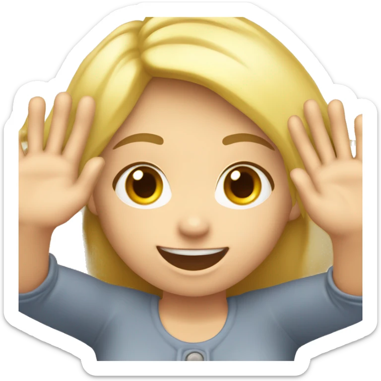 Blonde Girl with both hands high up in the air. Happy, frontal view above waist only. Enjoying. Open hands showing palm sticker