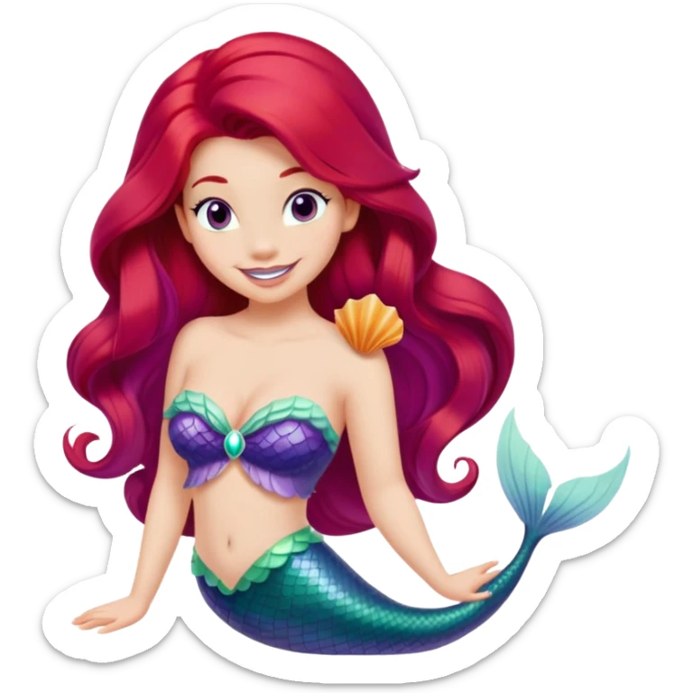 Disney Ariel mermaid with long red hair, green tail, and purple seashell top, smiling sticker