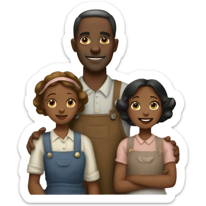 Black family comprises a mom, a dad, and two little girls. In great depression era attire.  sticker