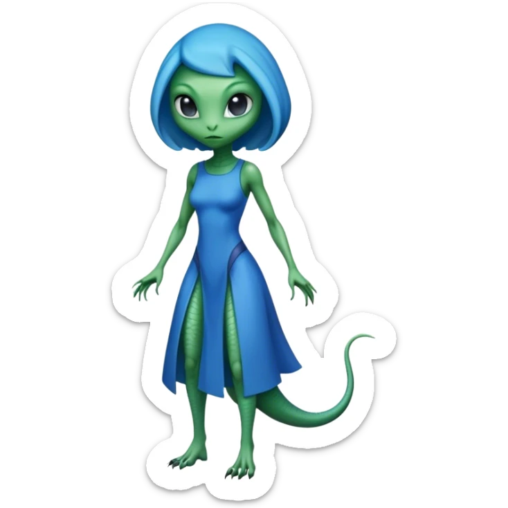 a reptilian alien woman full body, in blue dress sticker