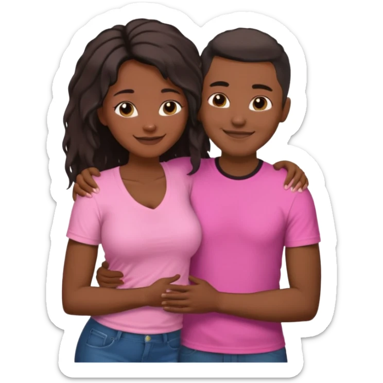 Black lesbian couple with one dark skin masculine with short hair low cut fade with a t shirt with breasts and one feminine with very long hair in a pink blouse hugging  sticker