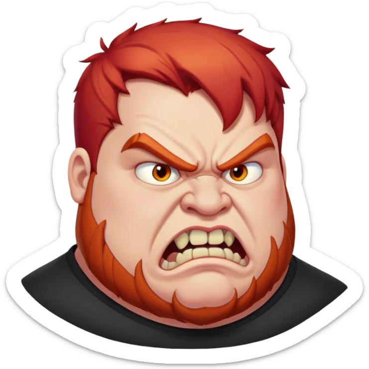 young angry fat man in profile view with red hair and fangs sticker