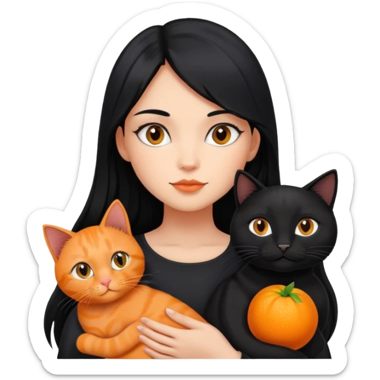A girl with long black hair is holding a black cat, an orange cat, and a black cat sticker