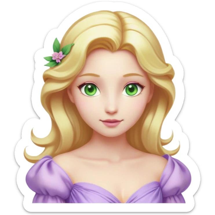 Cinematic Realistic Rapunzel Portrait, with porcelain-like skin featuring a subtle, natural glow, illuminated by soft lighting that brings out the gentle contours of her face. Her long, golden blonde hair cascades in detailed waves, each strand highlighted with a radiant shimmer as it catches the light. Her bright, expressive green eyes exude curiosity and warmth, framed by delicate lashes and soft, arched brows. Her expression is playful and vibrant, with a gentle smile. She is dressed in her classic lavender and pink gown, the fabric textured with delicate folds that flow naturally, catching the light with a soft, radiant glow. The portrait captures a luminous, enchanting aura, seamlessly blending realism with a whimsical, fairytale charm, evoking a timeless sense of beauty and magic. sticker