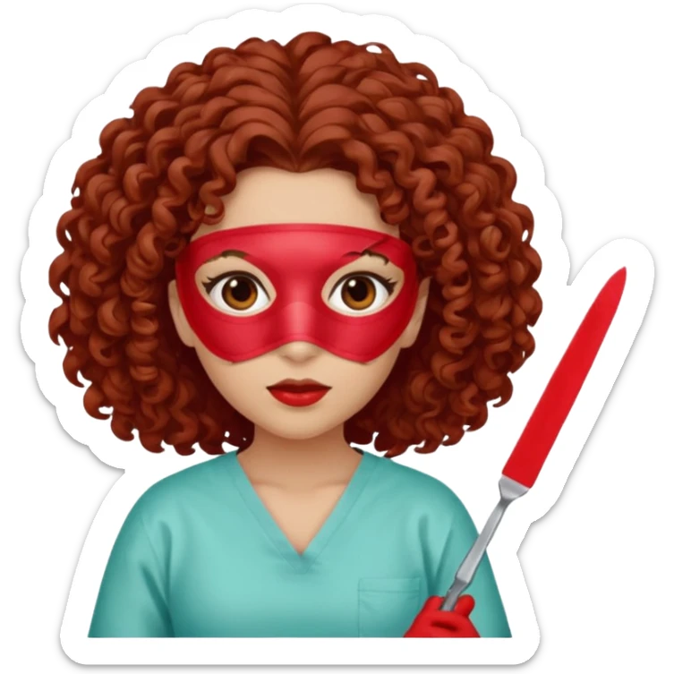 Lilith symbol seductress evil surgeon. Hair curly, and brown. Long curly brown hair. Red surgical mask and hair covering. She works for cartel and kills  with a scalpel. sticker