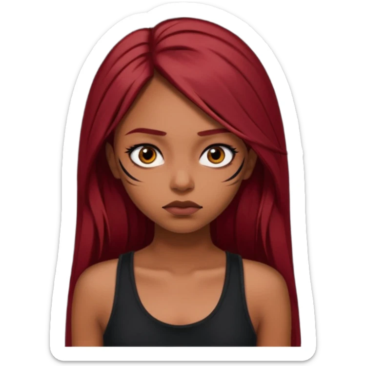 a brown girl with straight long dark red hair, black tank top, eyeliner on. Looking sad sticker