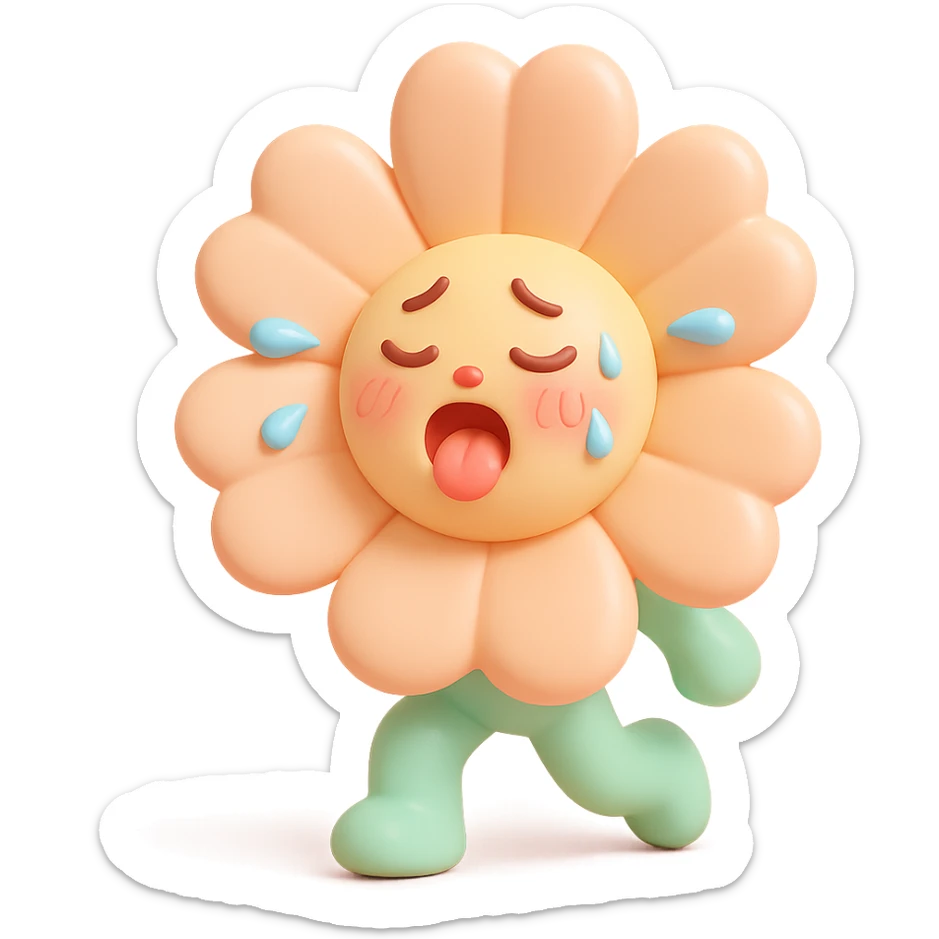 soft peach cosmos flower with a flushed, panting face doing exercise, sweat flying off in exaggerated style, gentle pastel palette, vinyl figure style sticker