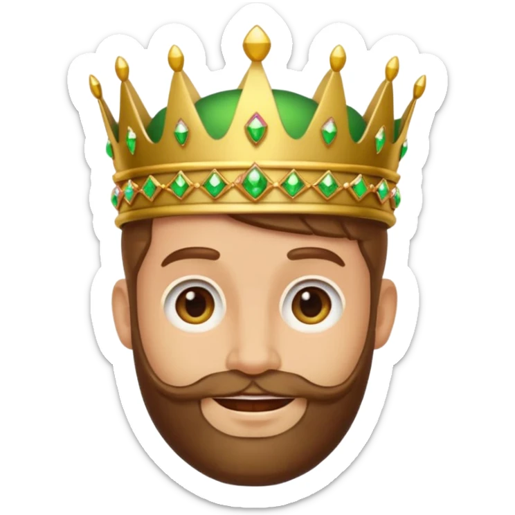 Create a cartoon-style emoji of Gaspar, one of the Three Wise Men. Only show his face and crown. He has a gentle smile, brown beard, and a green and gold crown with jewels. Make it colorful, simple, and suitable as an emoji. sticker