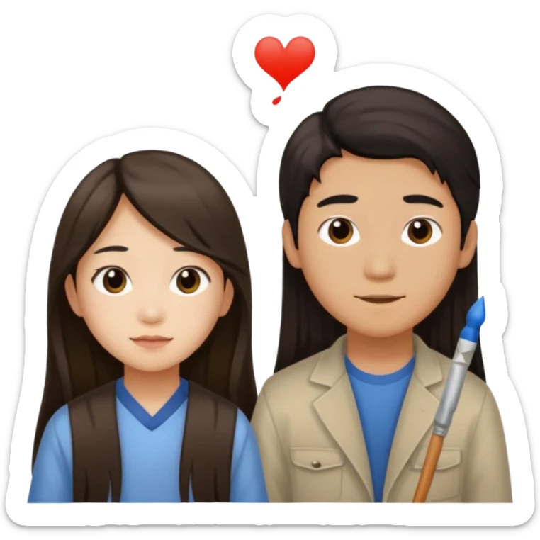 Asian boy with long hair  and girl painters sticker