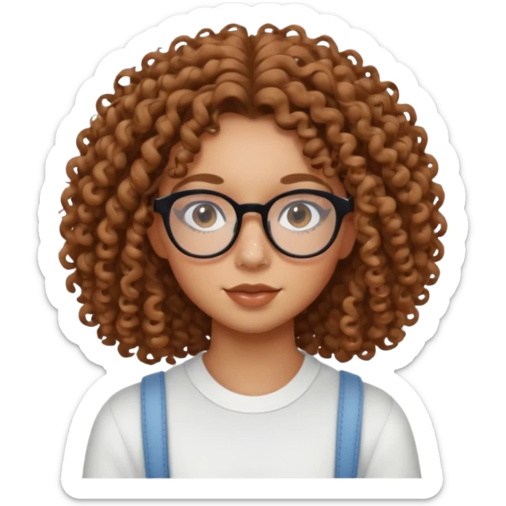 make a really curly hair, teen girl with glasses and little acne that looks like freckles longer like more than shoulder lengthcurly hair, and pretty withe makeup on giving clean girl vibes, and make her have tan skin

 sticker