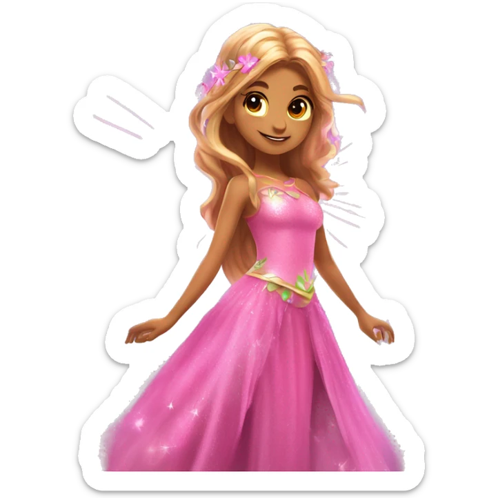 Flora the adult latina fairy of nature in her enchantix fairy pink clothing, wings and long light brown hair from winx club. Lots of sparkles, feel the magic  sticker